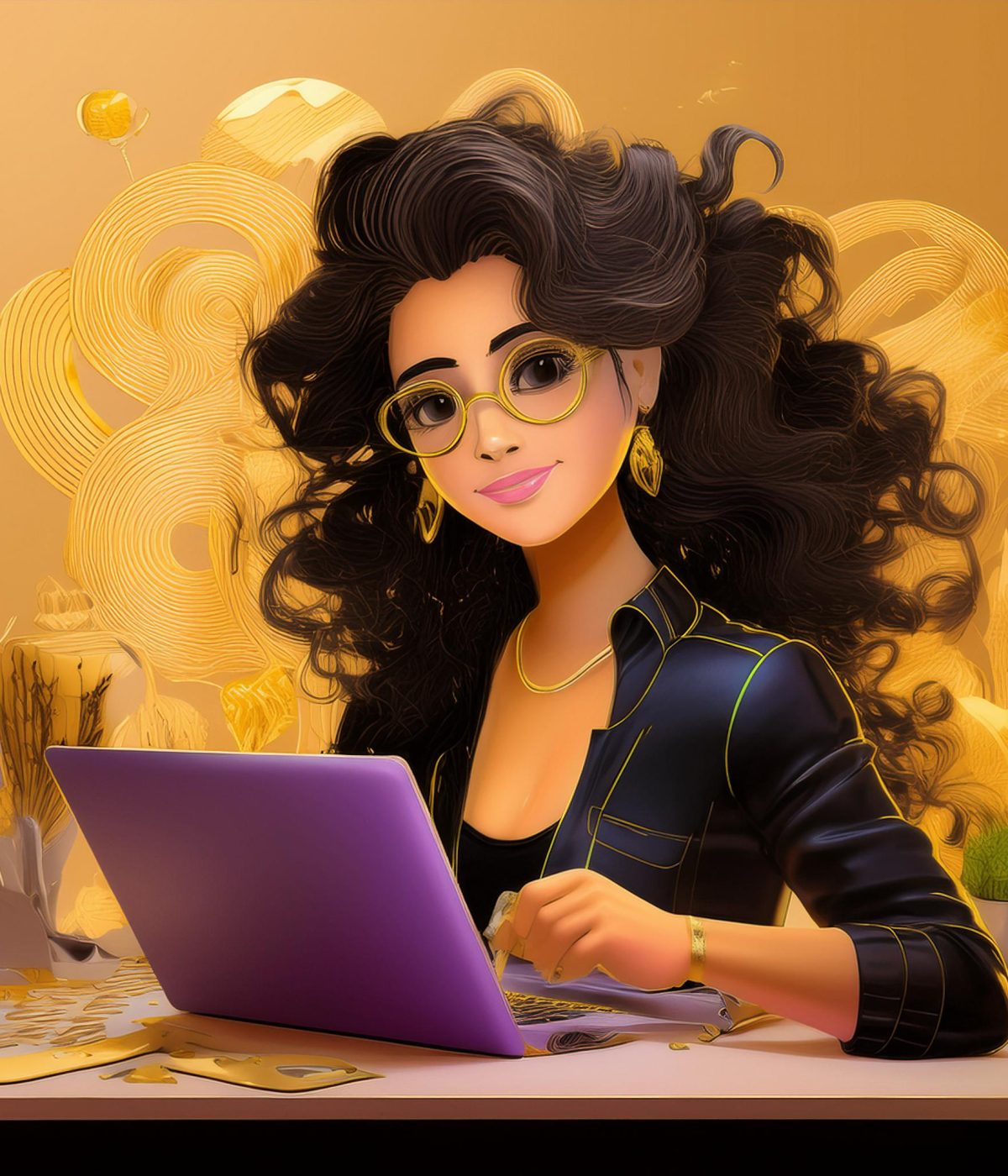 Firefly An image expressed by a woman graphic designer during her work. The woman with long, curly b (20)